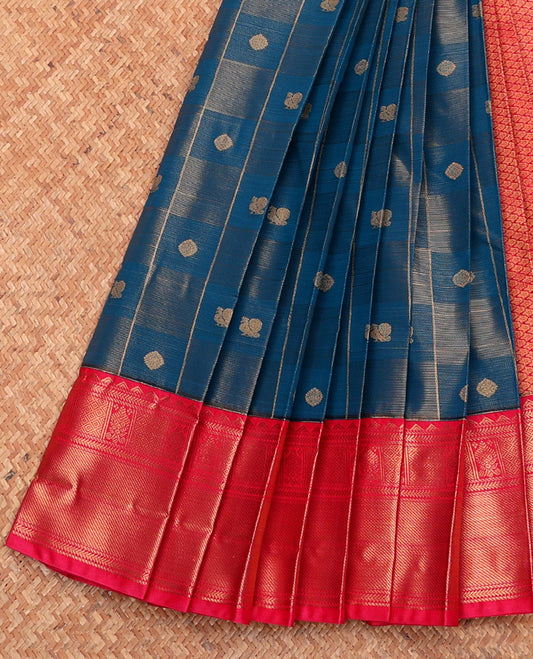 Blue Budget Silk Saree, Woven with Zari Buttas and Checks, Complemented by a Contrast Traditional Zari Border, Grand Pallu, and Contrast Blouse