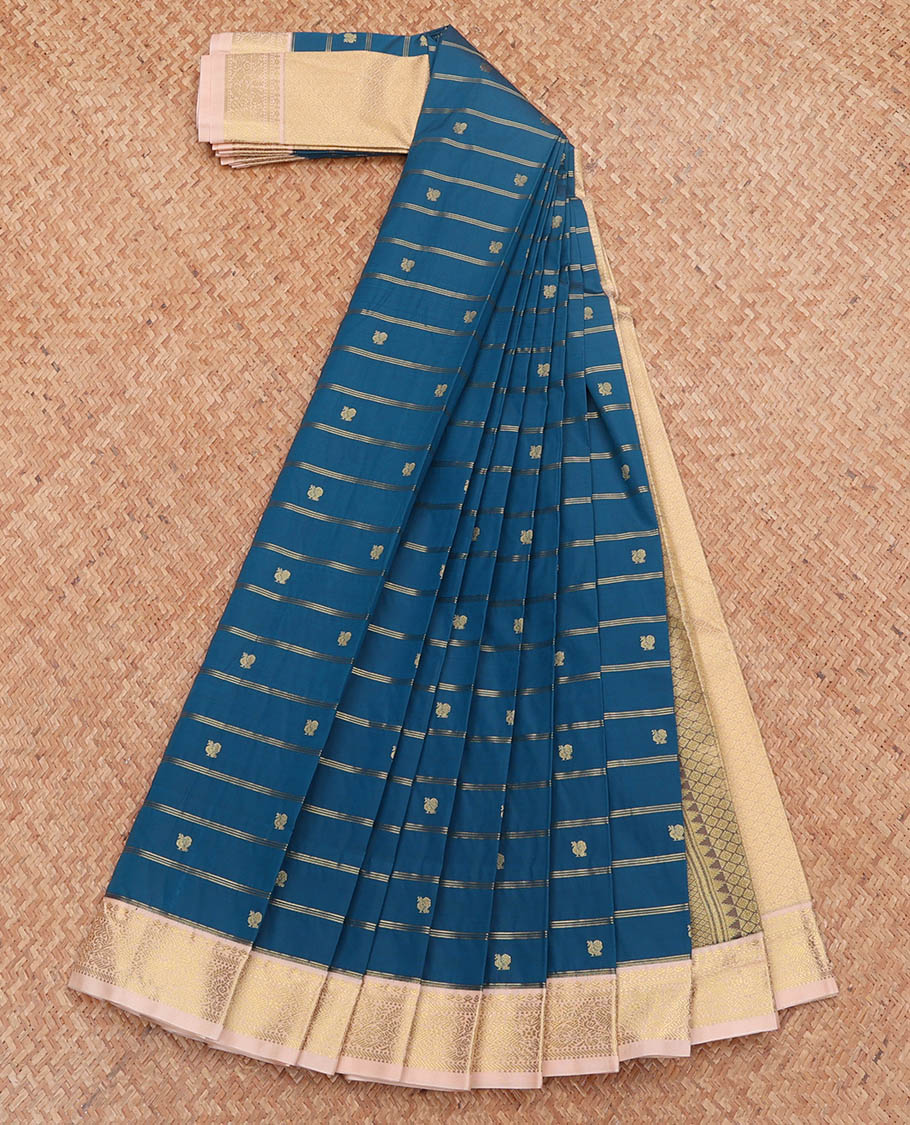 Blue Budget Silk Saree, Subtly Enriched with Peacock Buttas and Stripes, Complemented by a Contrast Traditional Zari Border, Jaal Pallu, and a Contrast Blouse