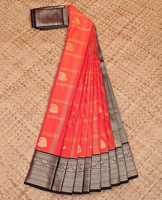 Orange Budget Silk Saree, Masterfully Woven with Zari Butta Enclosed Checks on Its Body, Complemented by a Contrast Traditional Zari Border, a Grand Jaal Pallu, and Paired with a Contrast Blouse