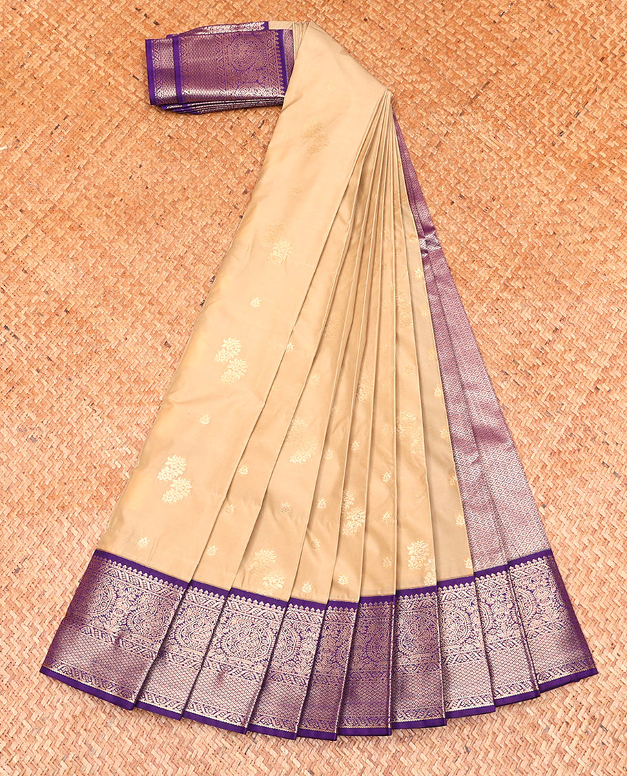 Light Sandal Budget Silk Saree, Subtly Sparkled With Zari Buttas All Over Its Body, Complemented by Contrast Traditional Zari Designs Woven Border, Grand Jaal Pallu and Paired with a Contrast Blouse