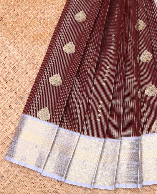 Brown Budget Silk Saree, Majestically Detailed with Zari Buttas and Checks on Its Body, Complemented by a Contrast Traditional Zari Design Border, Grand Jaal Pallu, and Paired with a Contrast Blouse