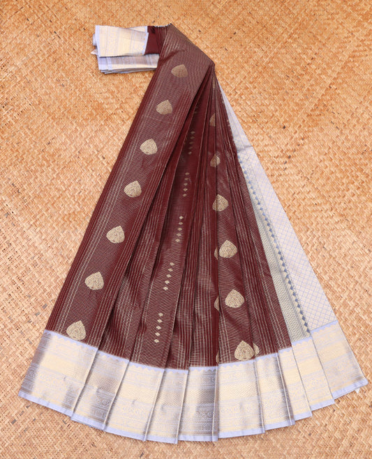Brown Budget Silk Saree, Majestically Detailed with Zari Buttas and Checks on Its Body, Complemented by a Contrast Traditional Zari Design Border, Grand Jaal Pallu, and Paired with a Contrast Blouse