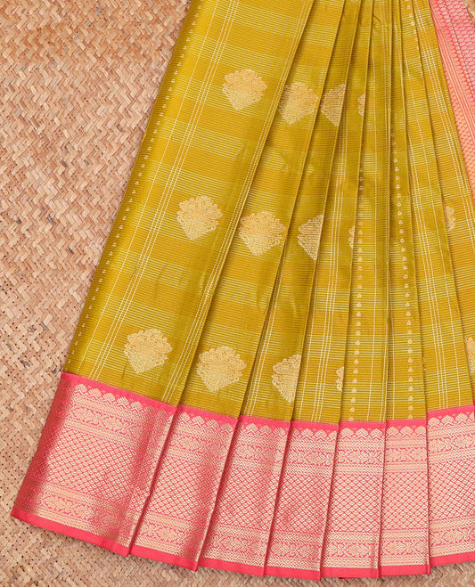 Green Budget Silk Saree, Styled with Zari Buttas on Its Body, Complemented by a Contrast Traditional Zari Design Border, Grand Jaal Pallu, and Paired with a Contrast Blouse