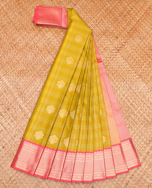 Green Budget Silk Saree, Styled with Zari Buttas on Its Body, Complemented by a Contrast Traditional Zari Design Border, Grand Jaal Pallu, and Paired with a Contrast Blouse