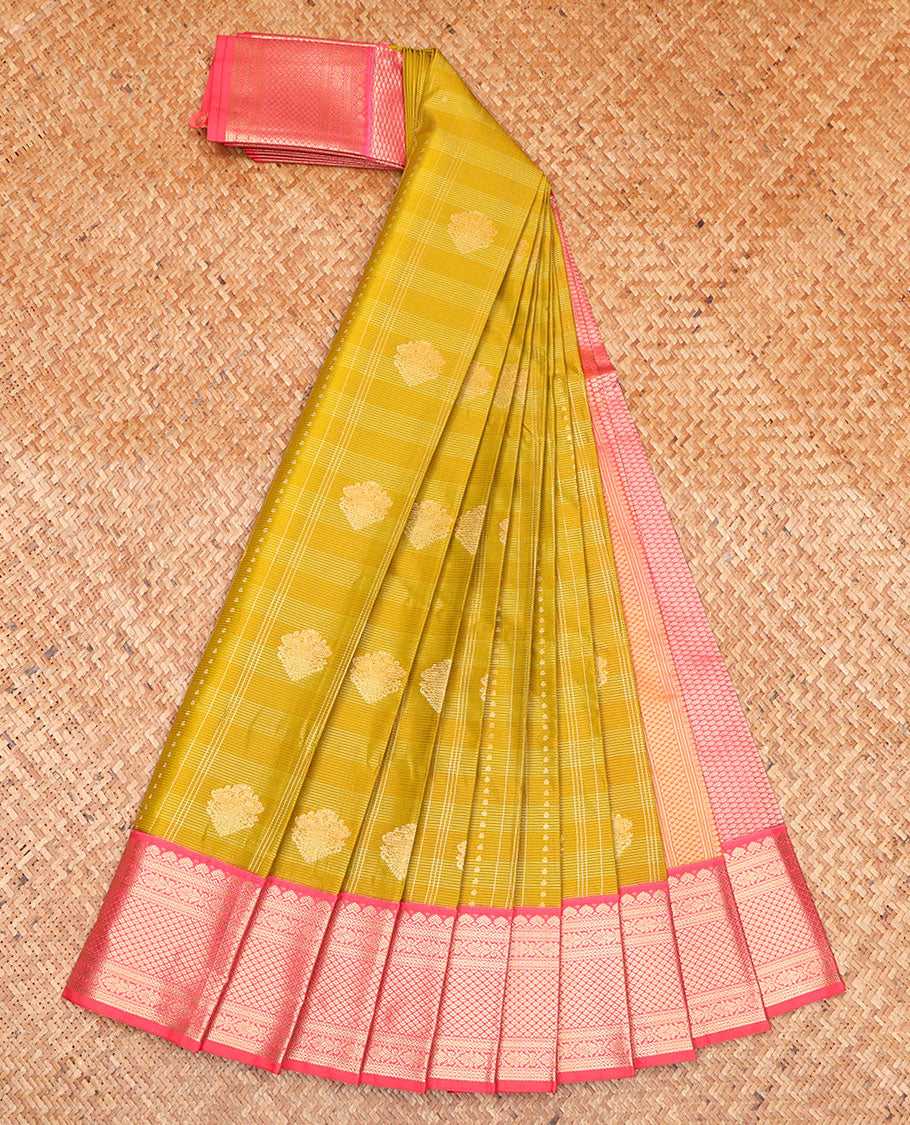 Green Budget Silk Saree, Styled with Zari Buttas on Its Body, Complemented by a Contrast Traditional Zari Design Border, Grand Jaal Pallu, and Paired with a Contrast Blouse