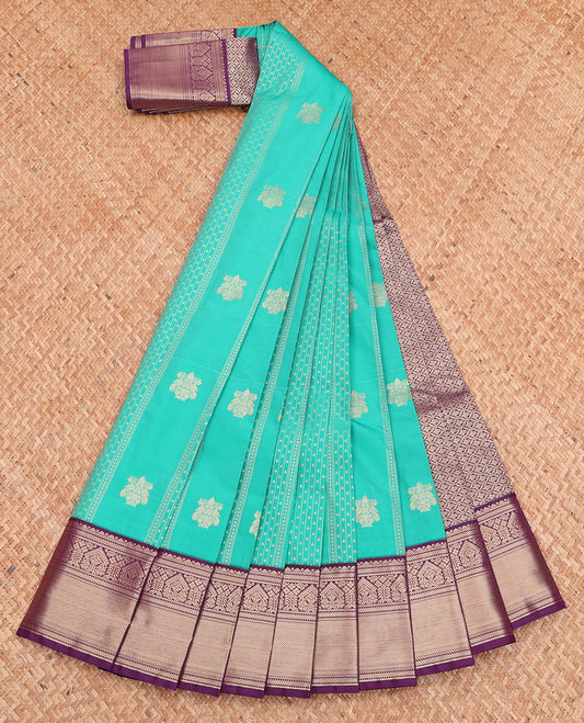 Turquoise Budget Silk Saree, Styled with Zari Designs, Complemented by a Contrast Traditional Zari Rettai Pettu Border, Grand Pallu, and Contrast Blouse
