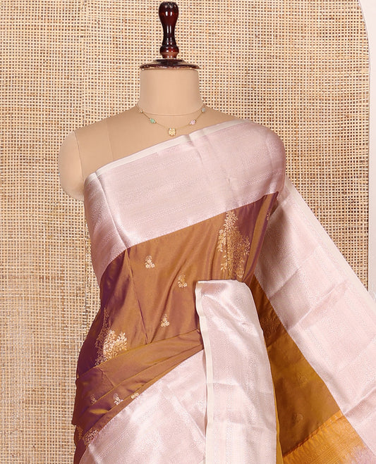 Honey Gold Budget Silk Saree, Enthralled with Zari Buttas All Over Its Body, Complemented by a Contrast Border of Traditional Designs Woven in Zari, Sparsely Woven Pallu of Jaal Designs, and Paired with a Contrast Blouse