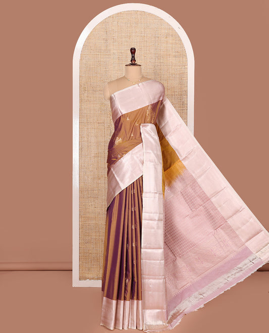Honey Gold Budget Silk Saree, Enthralled with Zari Buttas All Over Its Body, Complemented by a Contrast Border of Traditional Designs Woven in Zari, Sparsely Woven Pallu of Jaal Designs, and Paired with a Contrast Blouse