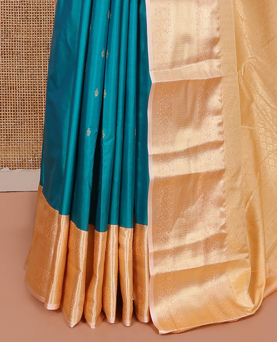 Blue Budget Silk Saree, Boldly Accentuated with Zari Buttas on Its Body, Complemented by a Contrast Traditional Zari Design Border, Grandly Decked Up Pallu, and Paired with a Contrast Blouse