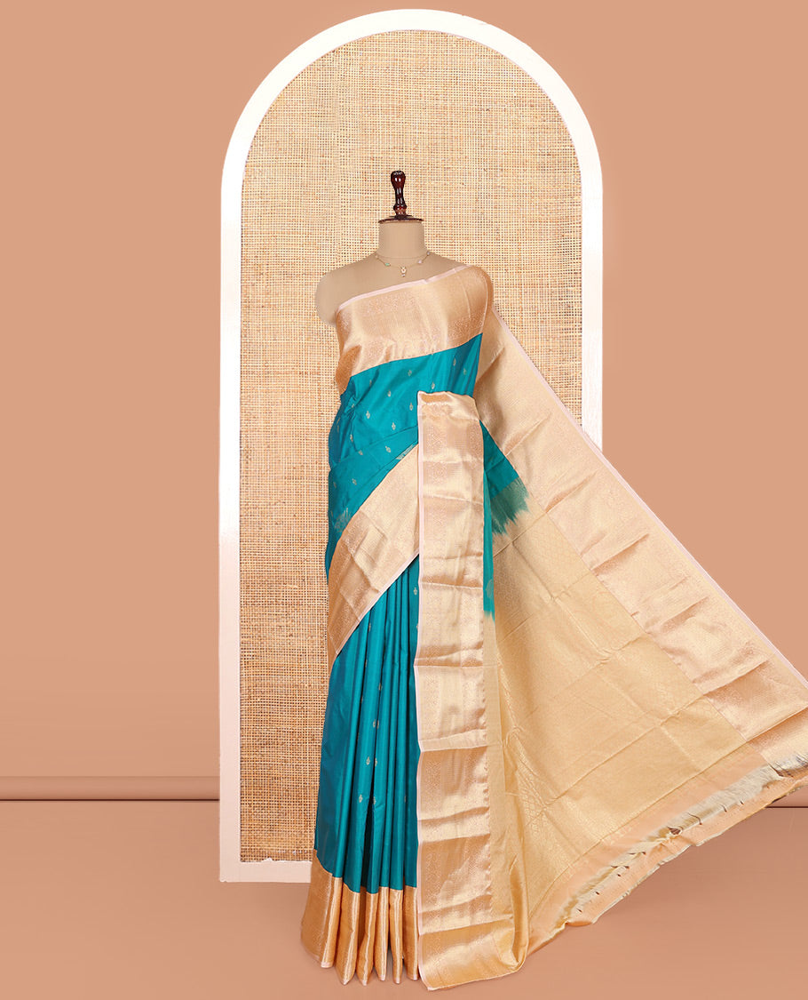 Blue Budget Silk Saree, Boldly Accentuated with Zari Buttas on Its Body, Complemented by a Contrast Traditional Zari Design Border, Grandly Decked Up Pallu, and Paired with a Contrast Blouse