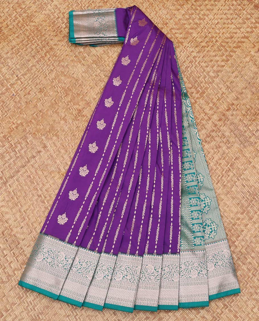 Purple Budget Silk Saree, Decorated with Zari Buttas, Complemented by Contrast Traditional Zari Border, an Intricate Pallu and a Contrast Blouse