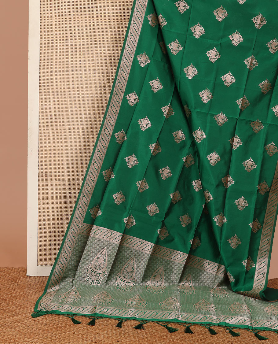 Green butter silk saree with zari buttas, floral zari design border & intricate pallu