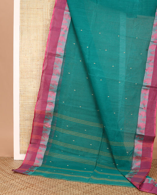 Green buttas Bengal cotton saree, contrast border, and pallu of stripes, and buttas