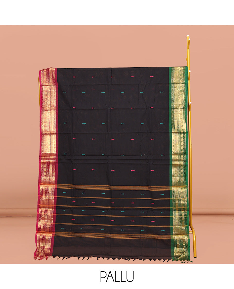 Black Chettinad Cotton Saree, Delicately Woven with Buttas All Over Its  Body, Complemented by a Contrast Traditional Zari Design Woven Ganga-Jamuna Border, Pallu of Stripes, and Buttas, and Paired with a Matching Blouse
