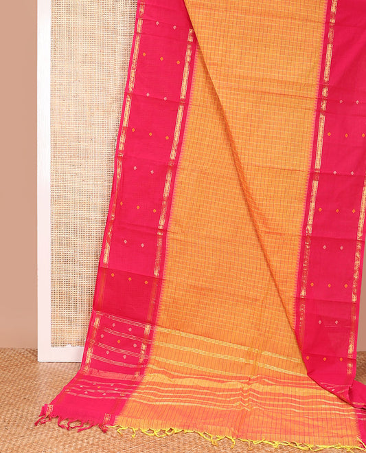 Orange checked Chettinad cotton saree, contrast traditional design border, and pallu of stripes
