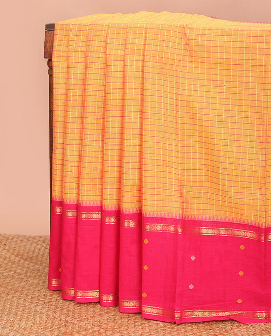 Orange checked Chettinad cotton saree, contrast traditional design border, and pallu of stripes