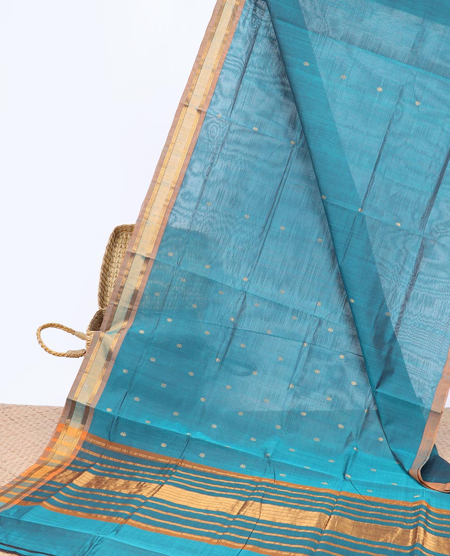 Blue buttas Vengatagiri cotton saree, contrast zari border & striped design pallu