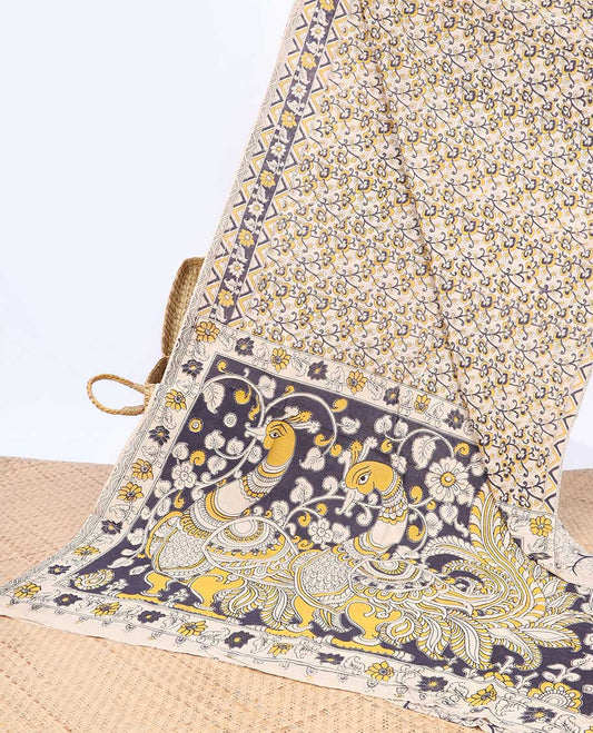 Cream floral machine-printed kalamkari cotton saree, temple & floral border & peacock pallu