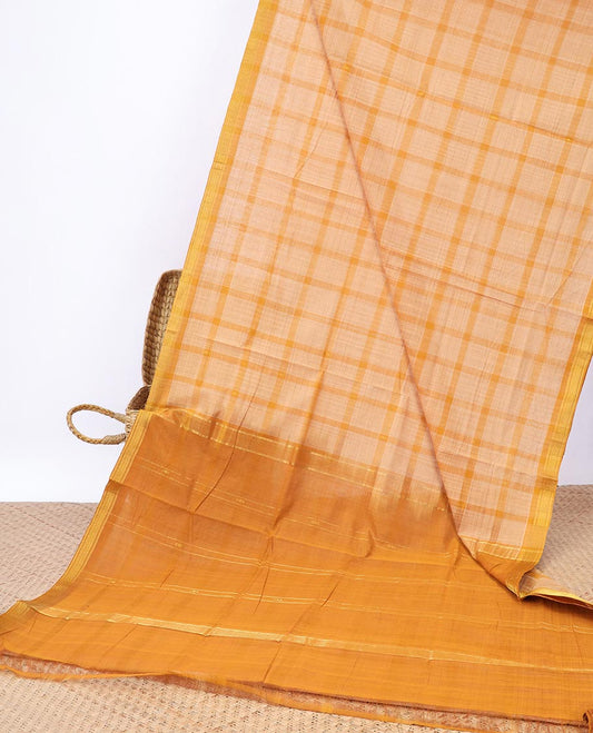 Orange checked Andhra cotton saree, contrast unique design border & striped pallu 