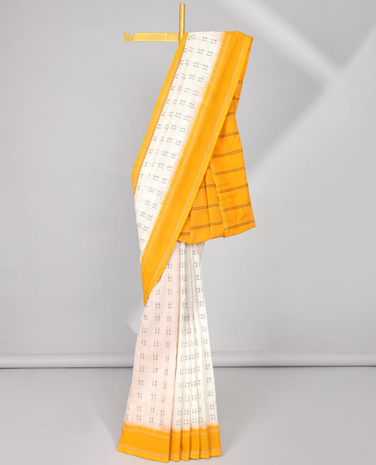 Cream checks ikkat cotton saree with contrast plain border & striped design pallu
