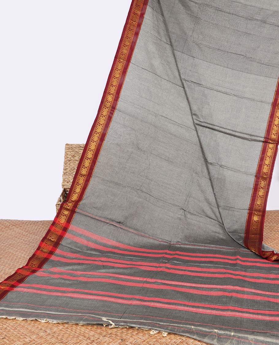 Grey narayanapet cotton saree with contrast elephant motifs border & striped pallu