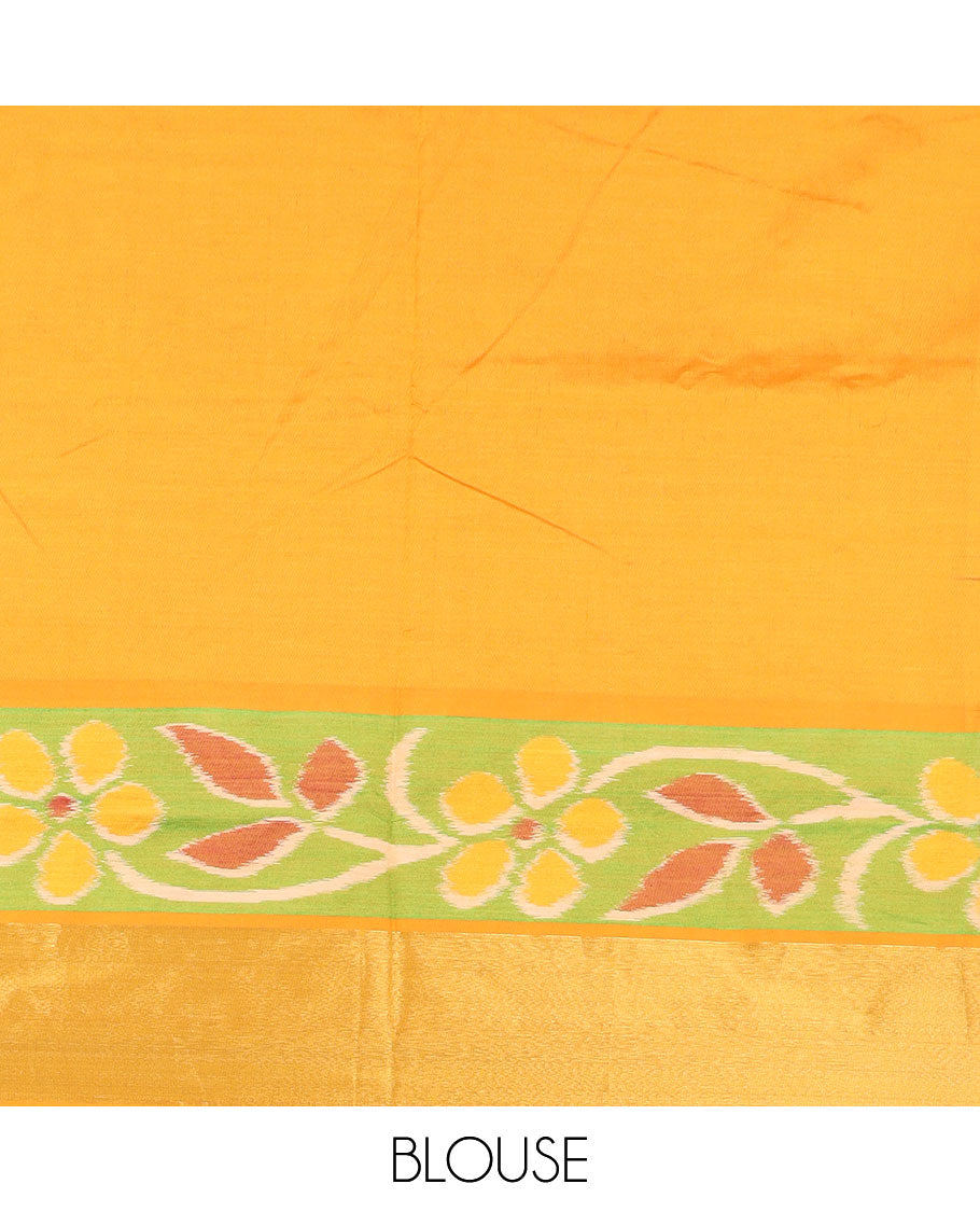 Maroon checked poly cotton saree, contrast floral ikkat border, and pallu of thick stripes