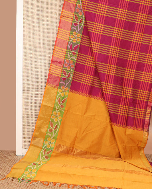 Maroon checked poly cotton saree, contrast floral ikkat border, and pallu of thick stripes