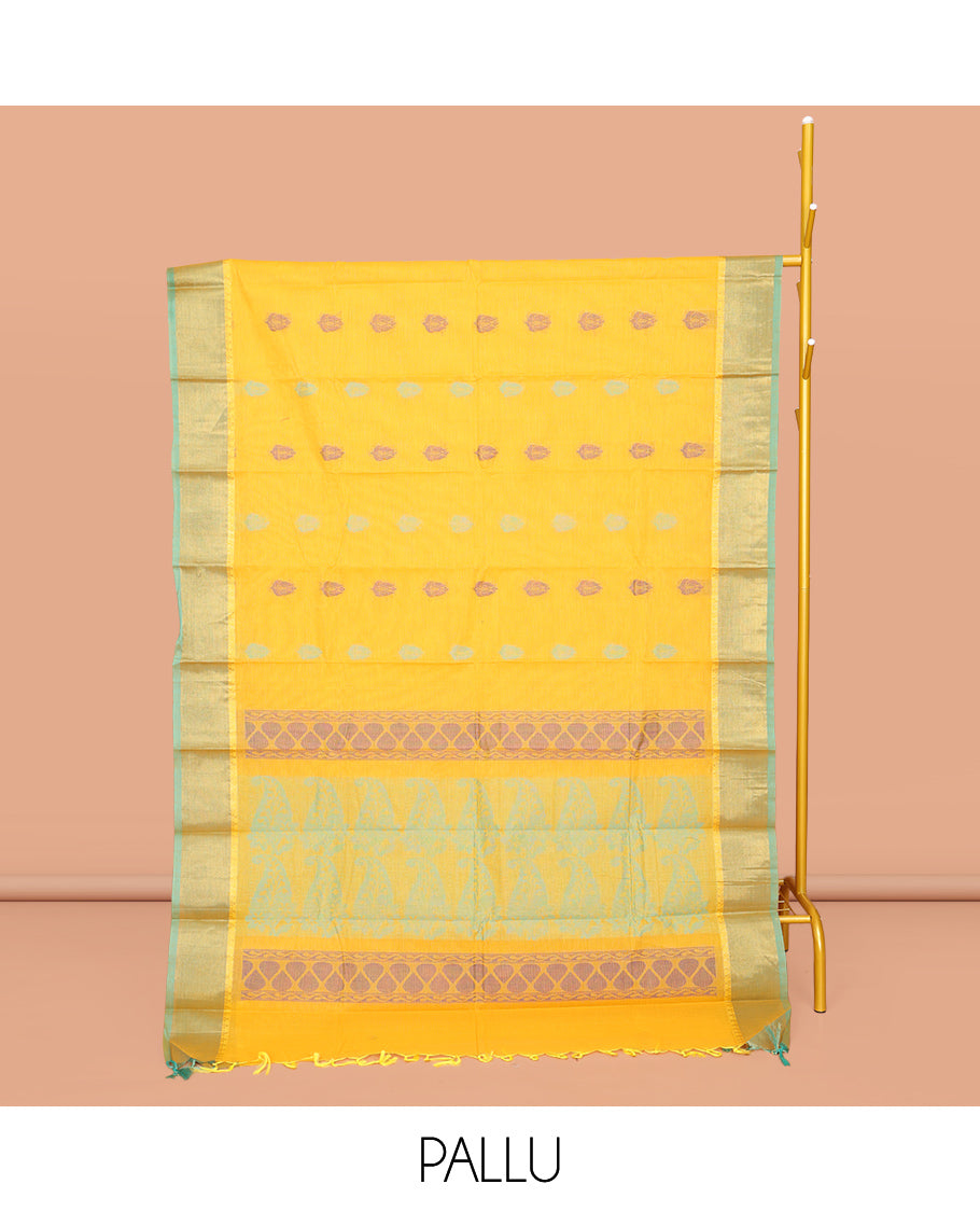Yellow Kanchi Cotton Saree, Woven with Buttas All Over Its Body, Complemented by Contrast Border, Pallu of Paisleys and Drop Designs, and Paired with a Matching Blouse