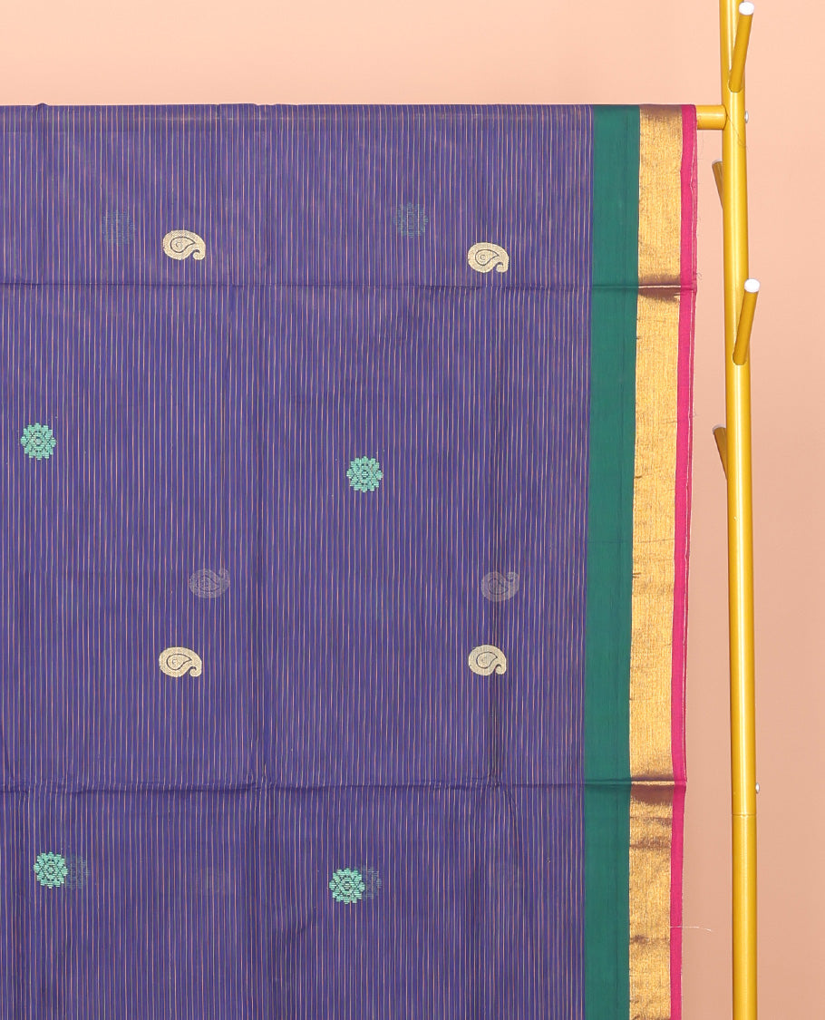 Blue Venkatagiri Cotton Saree, Beautified with Buttas and Stripes, a Contrast Traditional Zari Border, Pallu of Buttas and Stripes, and No Blouse
