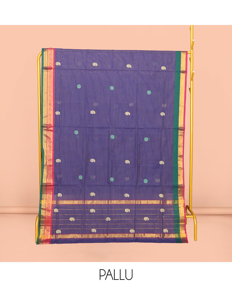 Blue Venkatagiri Cotton Saree, Beautified with Buttas and Stripes, a Contrast Traditional Zari Border, Pallu of Buttas and Stripes, and No Blouse