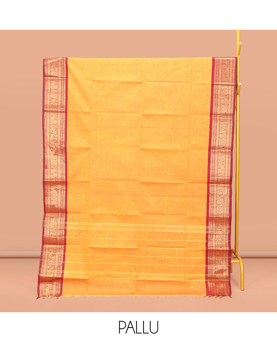 Orange Plain Chettinad Cotton Saree, Complemented by a Contrast Traditional Zari Design Woven Border, Subtle Pallu of Stripes, and Paired with a Matching Blouse