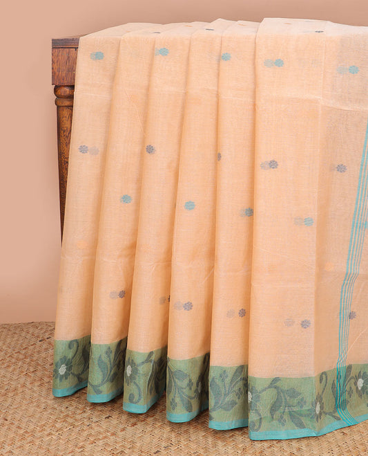 Beige floral motifs bengal cotton saree with contrast floral design border & striped, motifs pallu