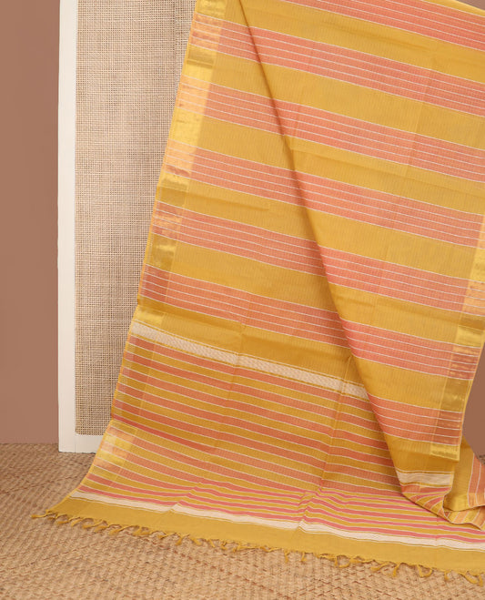 Yellow & orange striped jute cotton saree, zari woven border & striped pallu