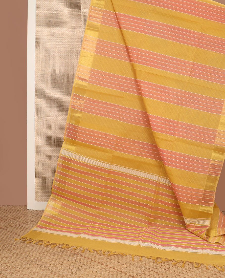 Yellow & orange striped jute cotton saree, zari woven border & striped pallu