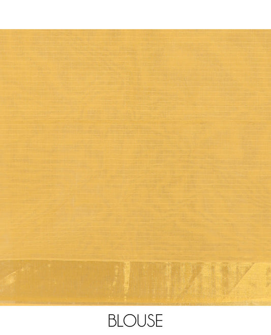 Yellow & orange striped jute cotton saree, zari woven border & striped pallu