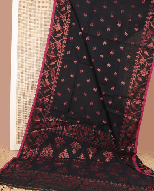 Black zari buttas Kadhi cotton saree, paithani-style floral-theme zari woven border & paithani-style motifs zari woven pallu