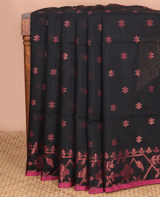 Black zari buttas Kadhi cotton saree, paithani-style floral-theme zari woven border & paithani-style motifs zari woven pallu