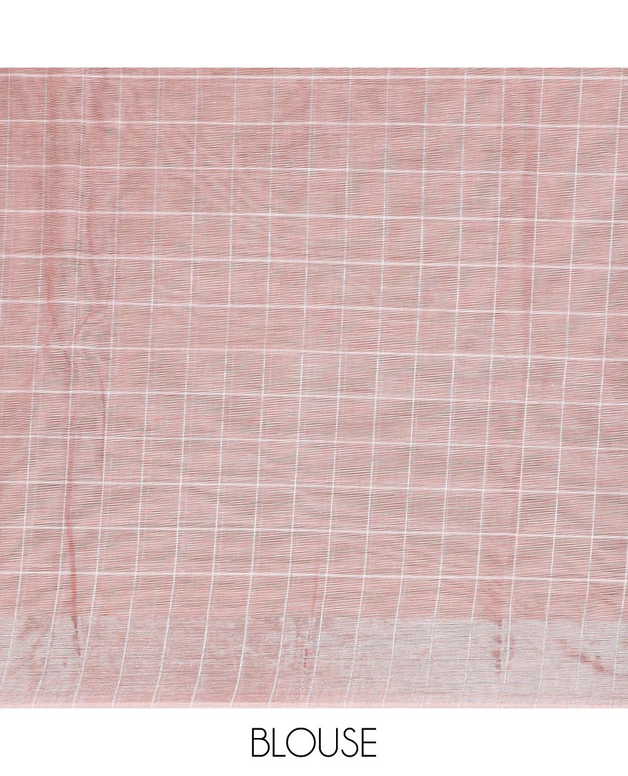 Grey checked jute cotton saree, zari border & contrast pallu of stripes