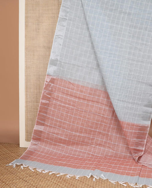 Grey checked jute cotton saree, zari border & contrast pallu of stripes