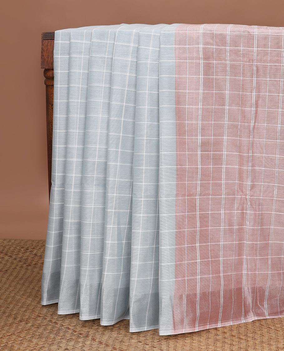 Grey checked jute cotton saree, zari border & contrast pallu of stripes