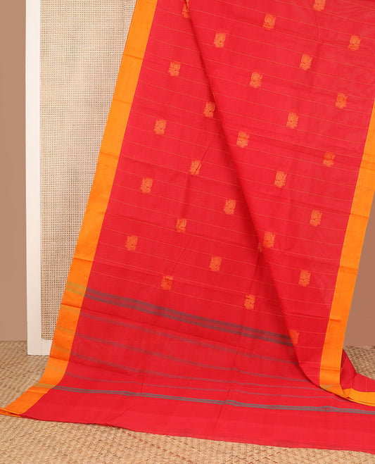 Red striped & peacock buttas Chettinad cotton saree, contrast plain border & striped pallu