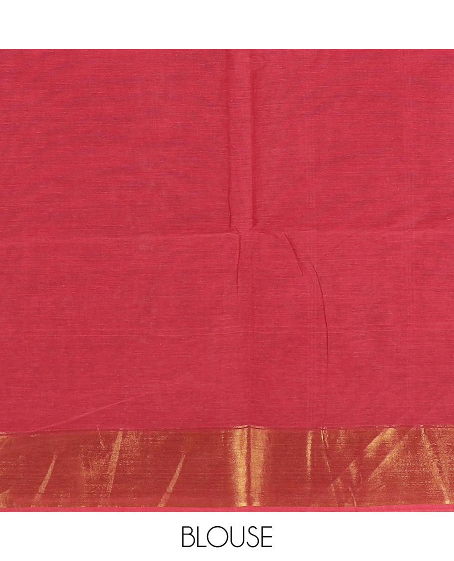 Brick red striped jute cotton saree, zari border of stripes and pallu of stripes