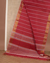 Brick red striped jute cotton saree, zari border of stripes and pallu of stripes