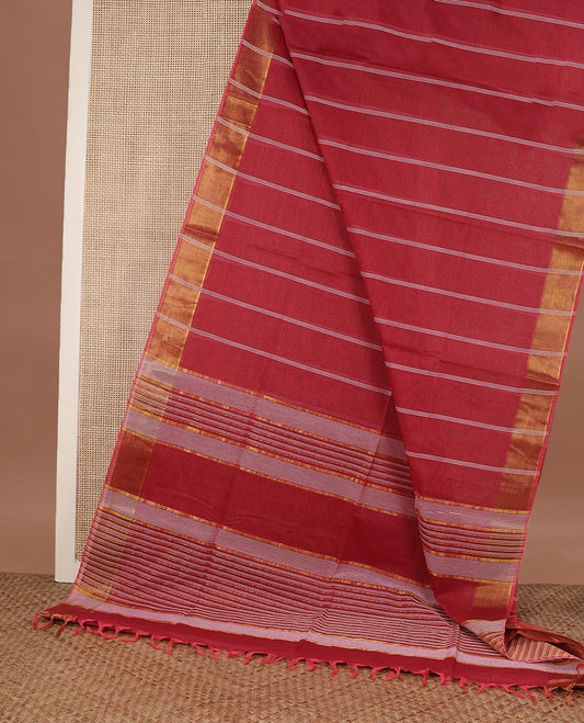 Brick red striped jute cotton saree, zari border of stripes and pallu of stripes