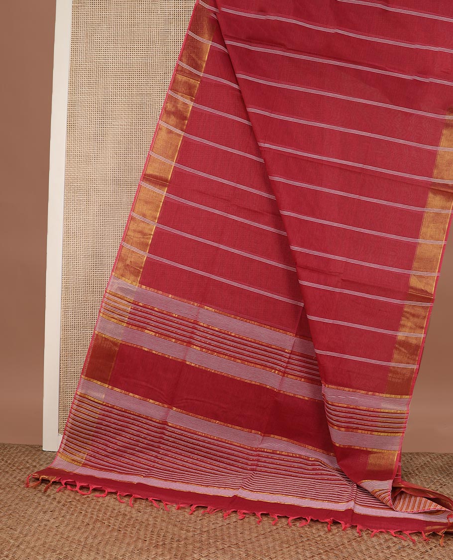 Brick red striped jute cotton saree, zari border of stripes and pallu of stripes