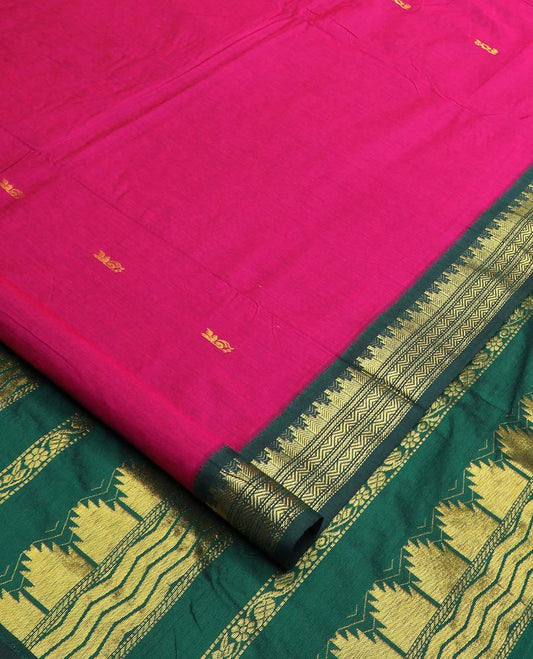 Rani milk pink striped nine-yard cotton saree, contrast zari border, and pallu steeped with traditional motifs