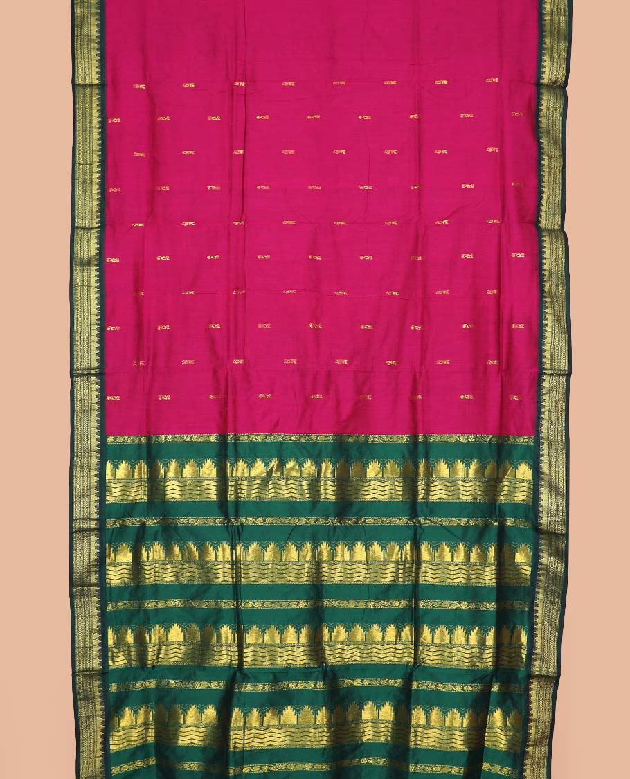 Rani milk pink striped nine-yard cotton saree, contrast zari border, and pallu steeped with traditional motifs