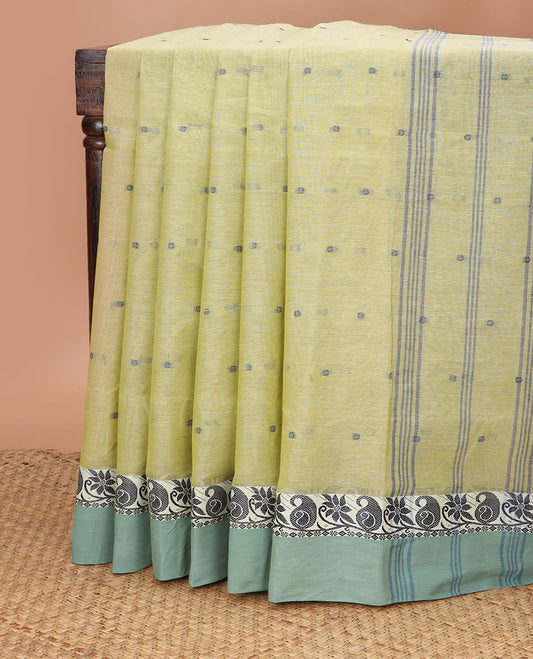 Light green thread buttas Bengal cotton saree, contrast paisley creeper border, and striped pallu