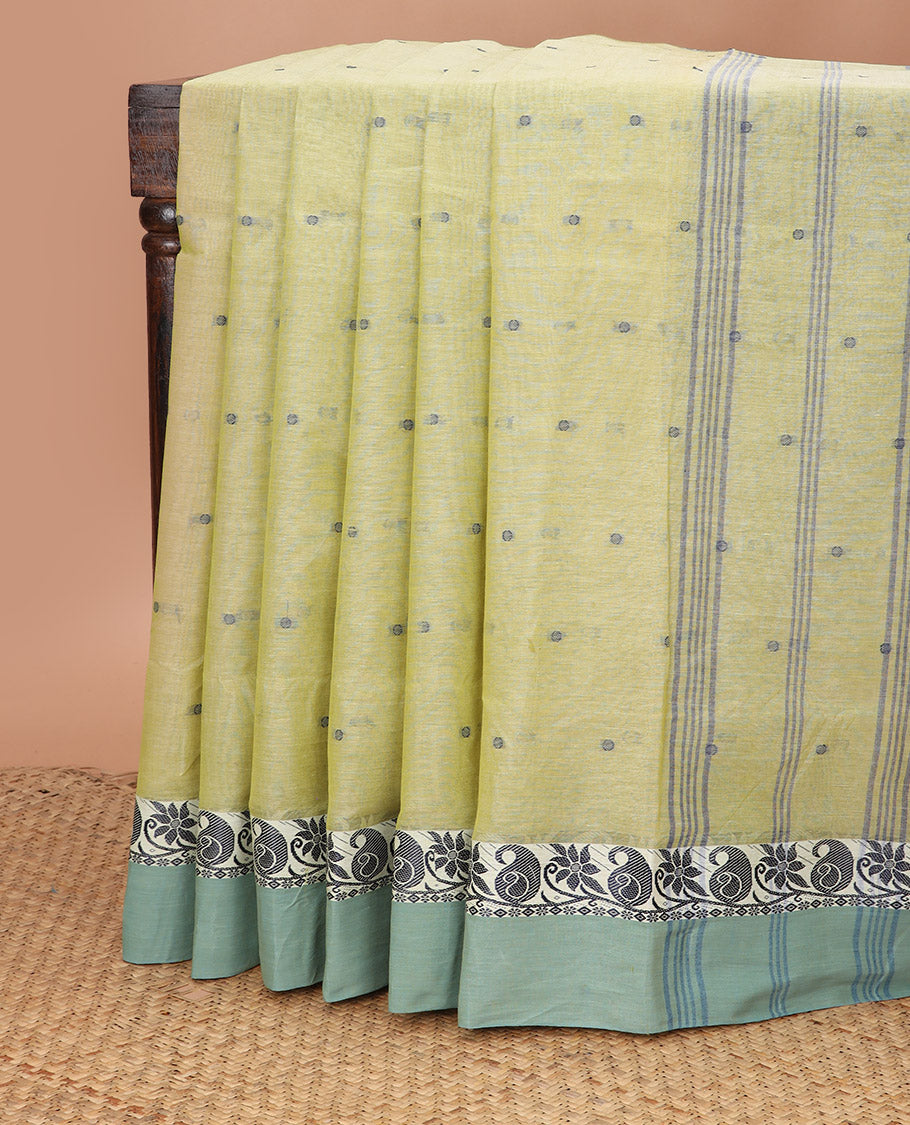 Light green thread buttas Bengal cotton saree, contrast paisley creeper border, and striped pallu