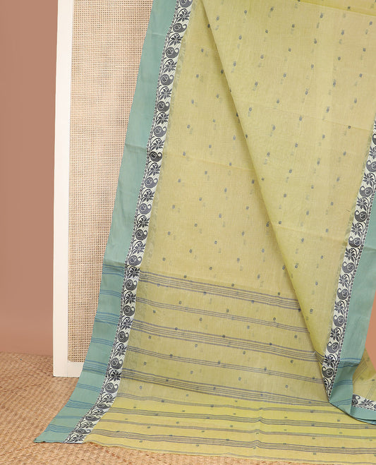 Light green thread buttas Bengal cotton saree, contrast paisley creeper border, and striped pallu